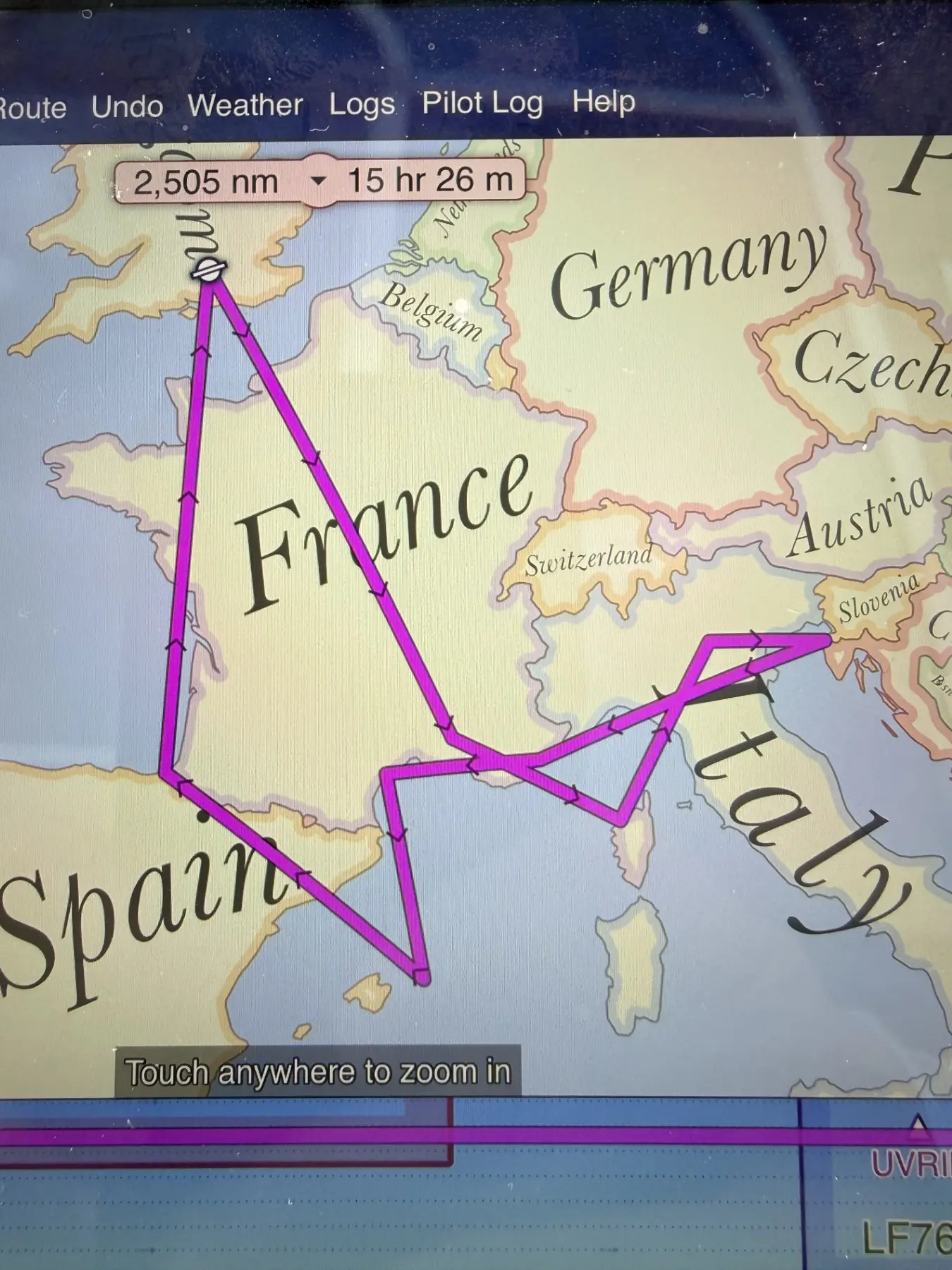 Map summarising the complete 2,505-nautical-mile tour